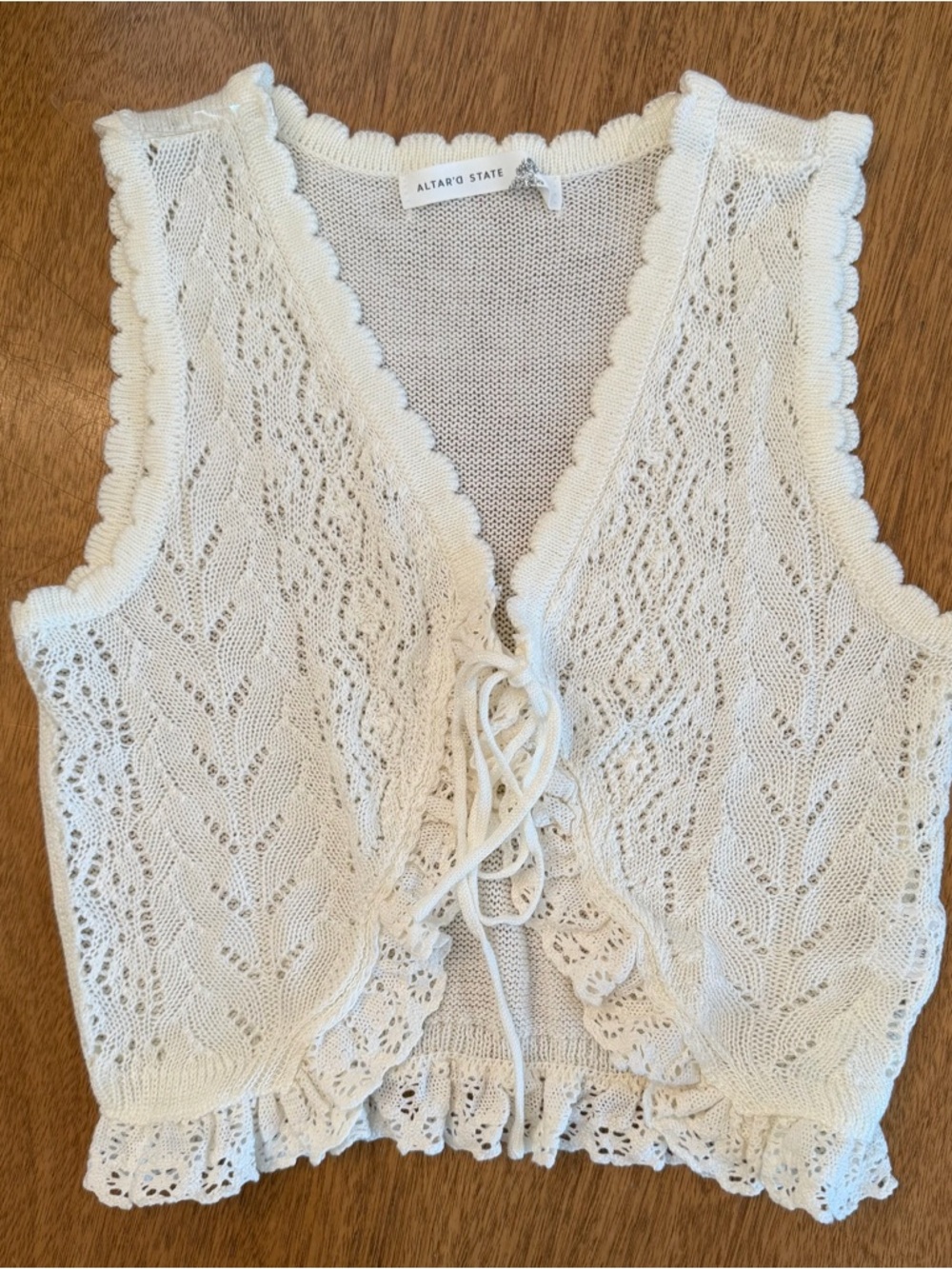 Altar'd State Cream Crochet Knit Tie-Front Vest